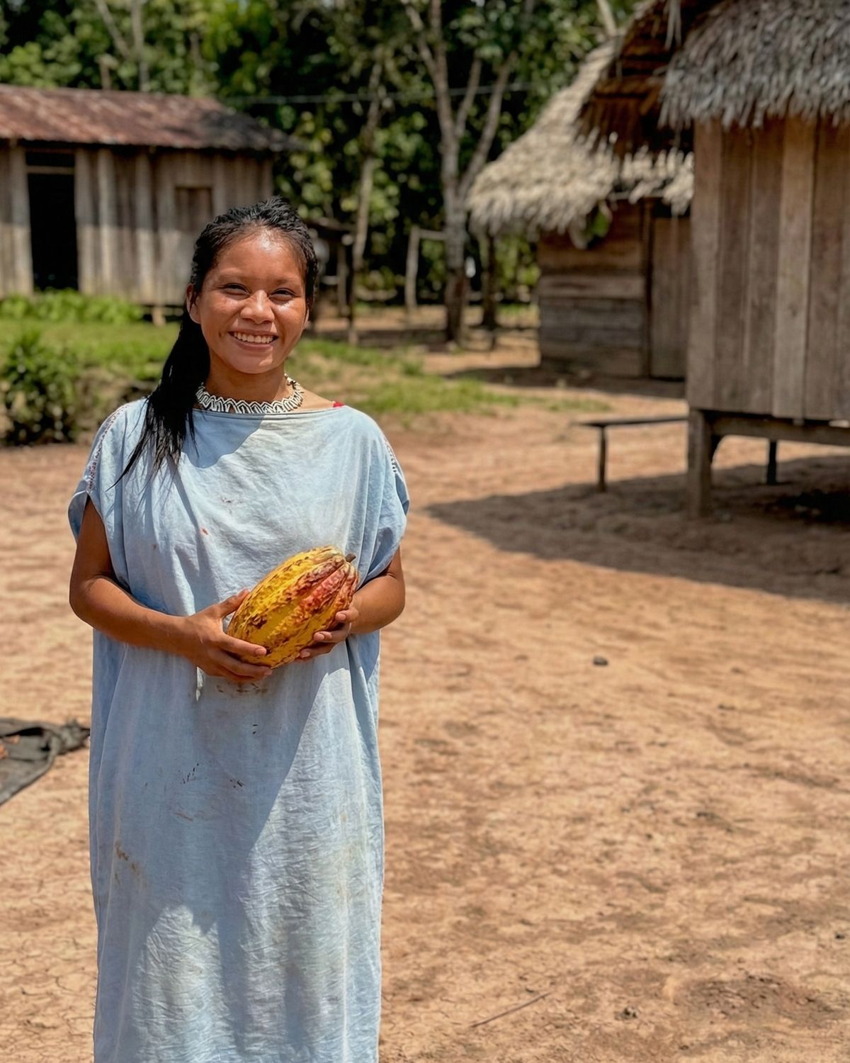 An Asháninka grower holding a cacao pod in her village