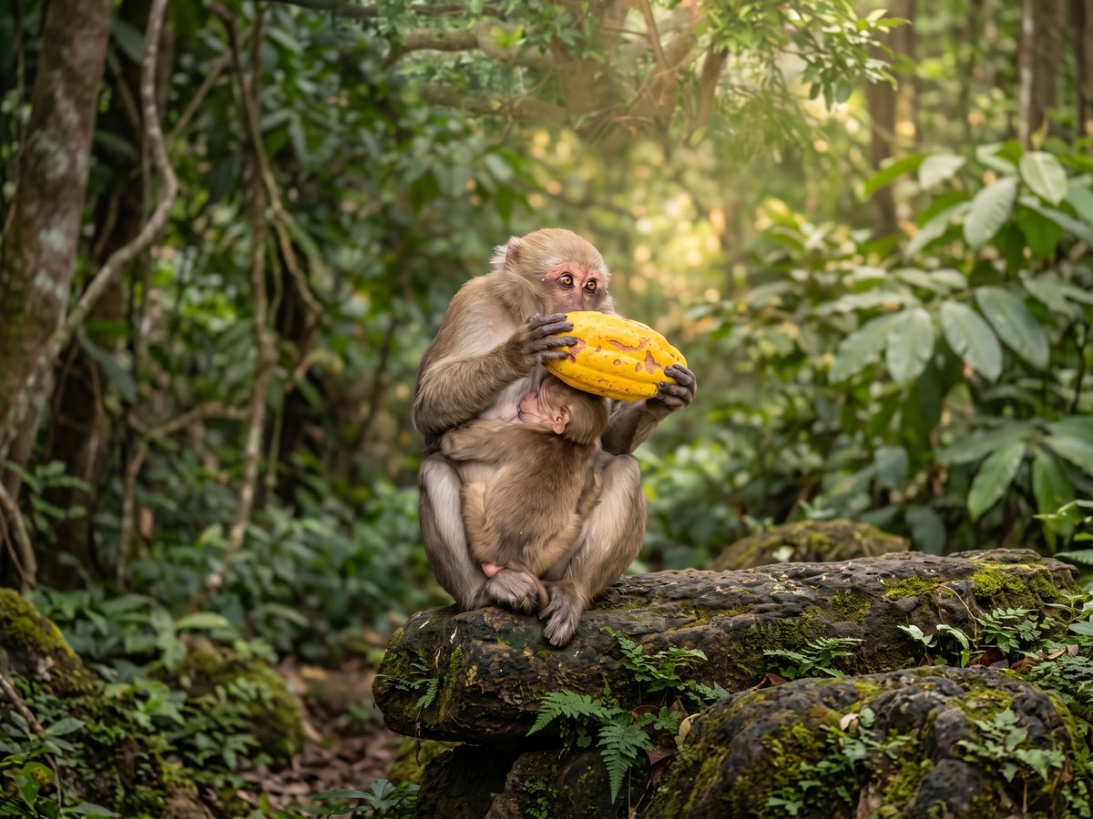 A monkey eating a cacao pod in the forest