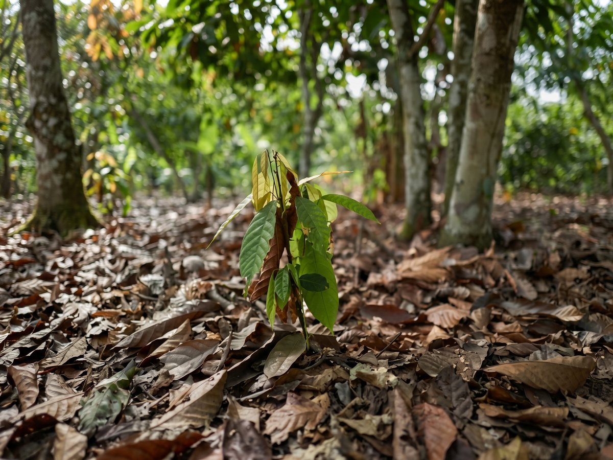 Young cacao saplings in the leaf litter of the forest floor