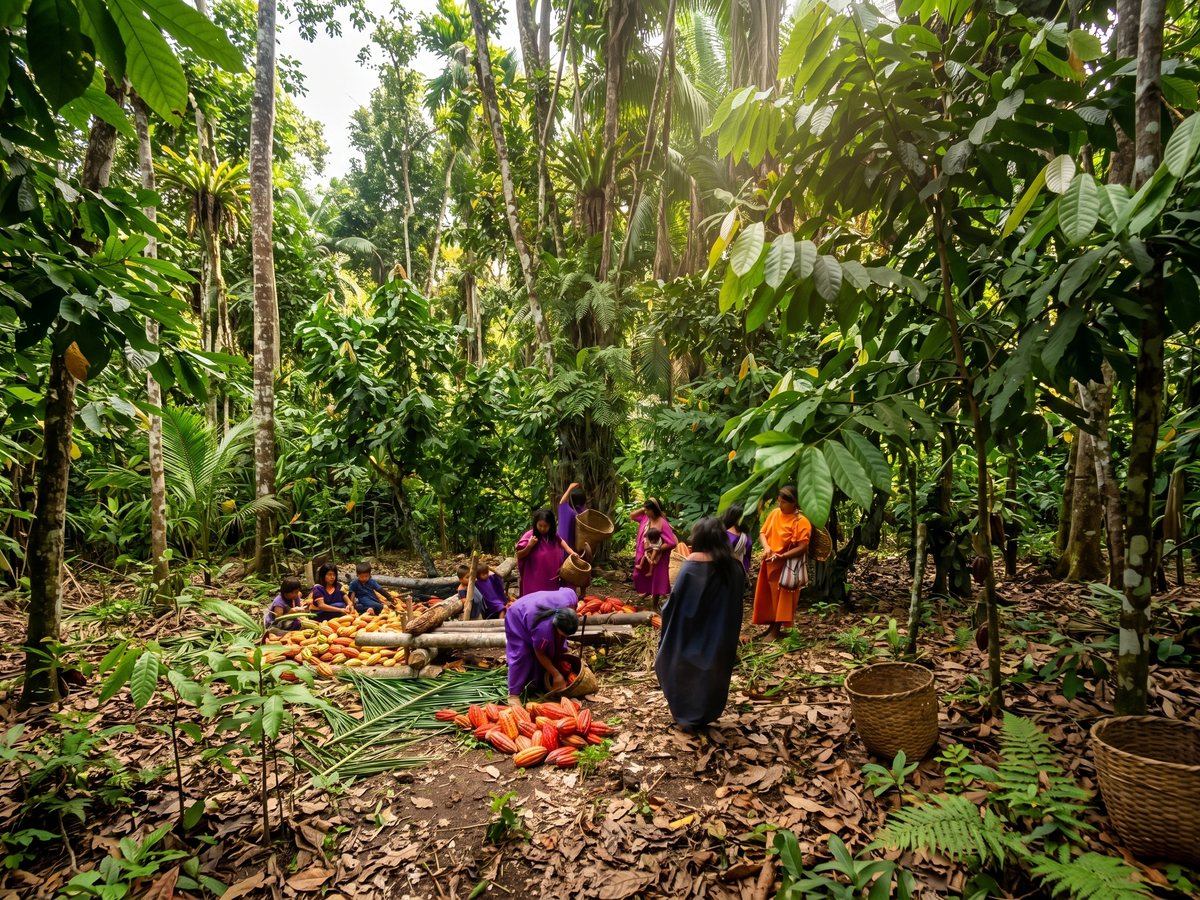 Growers gathering harvested pods in the grove