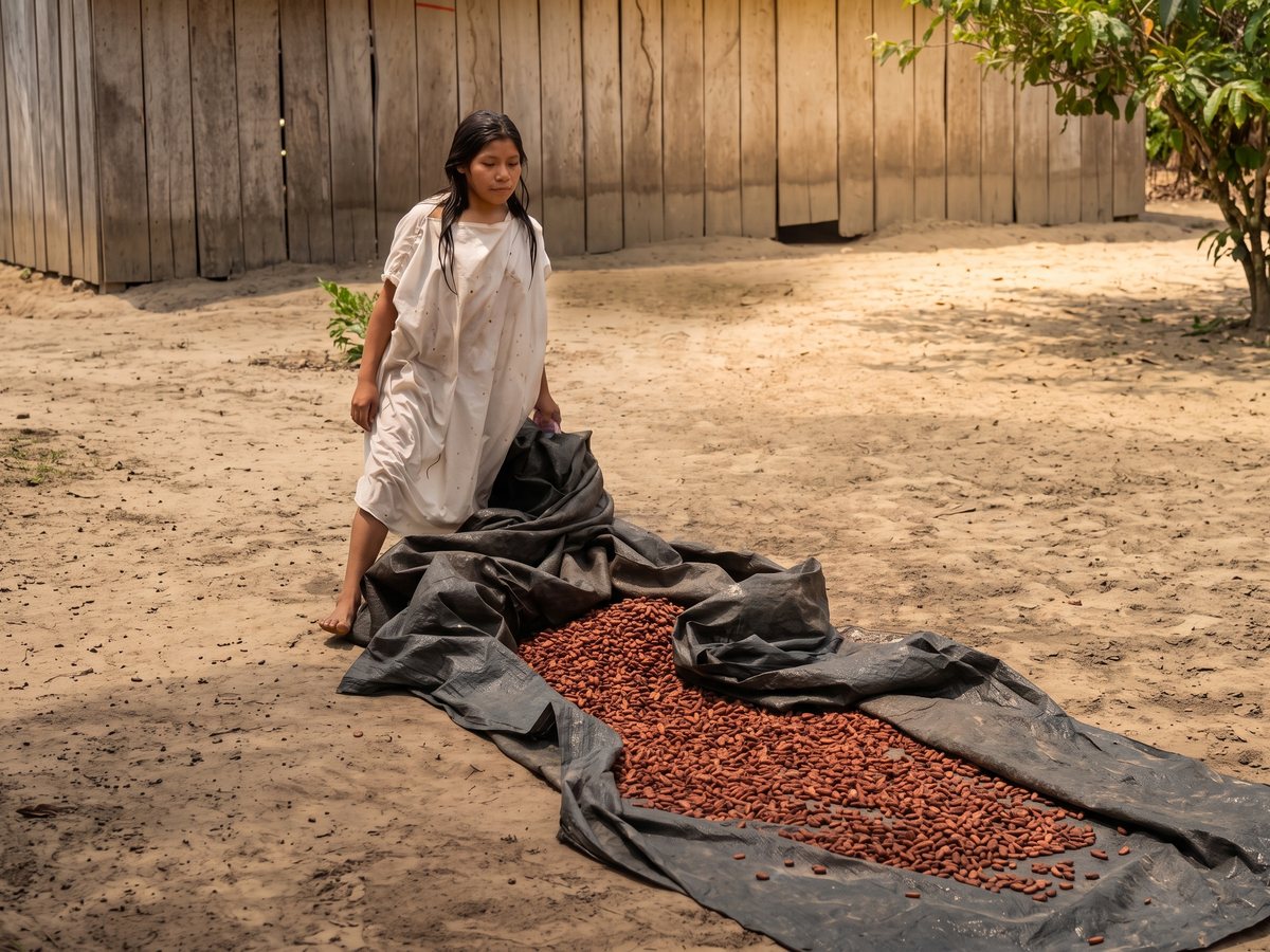 A grower raking cacao beans drying in the sun