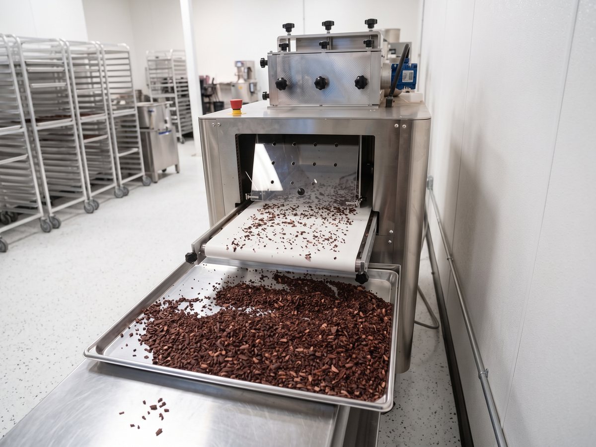 Cacao nibs moving through the winnowing machine