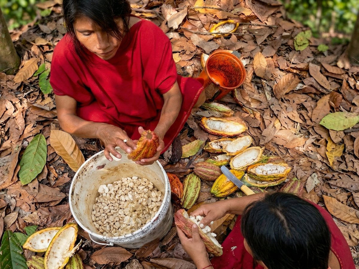 Opening ripe cacao pods by hand on the forest floor