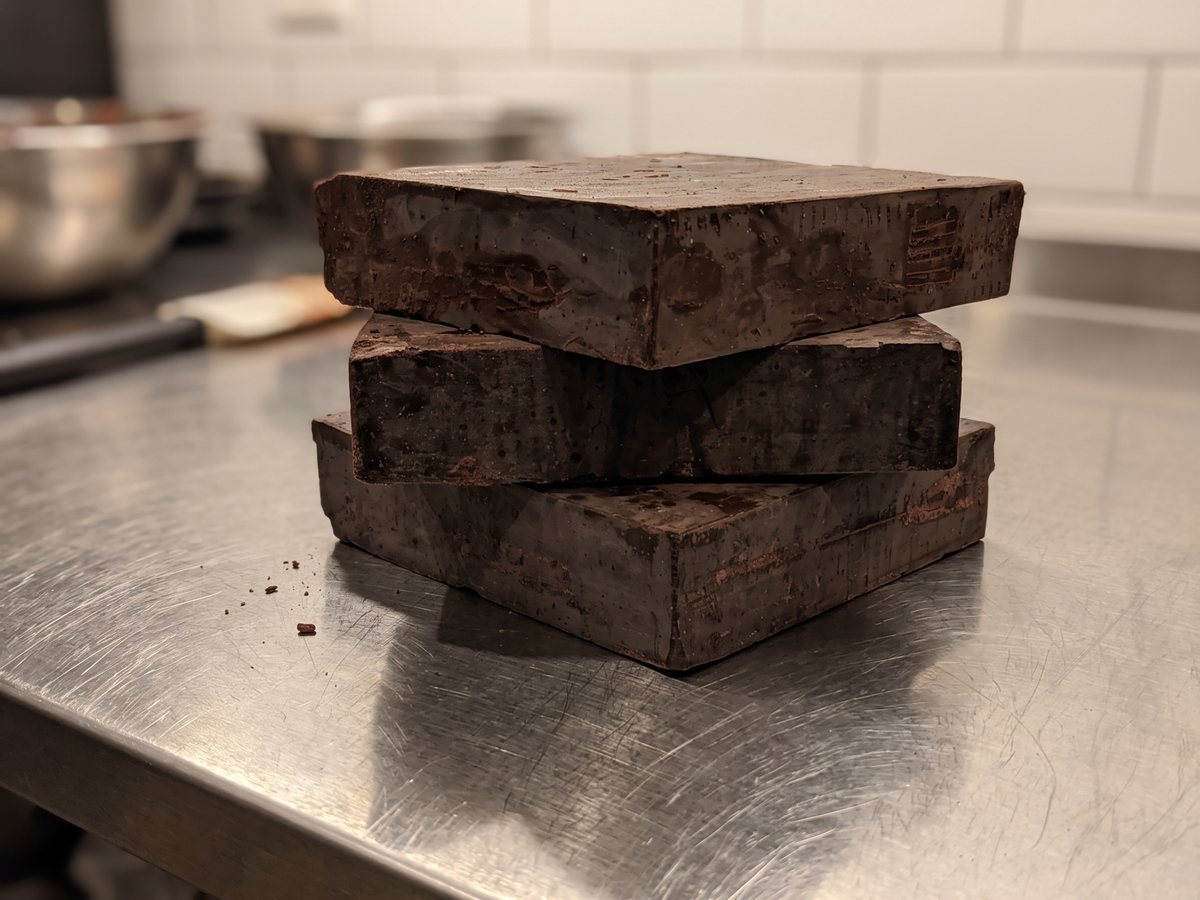 Finished 5kg blocks of cacao, stacked in the kitchen
