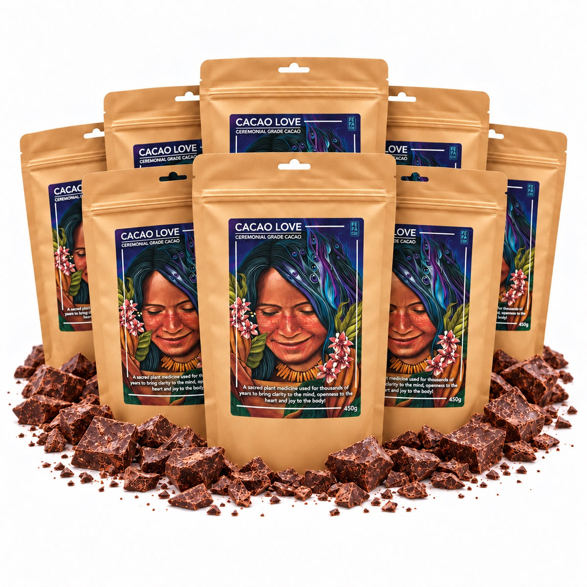 Rows of Cacao Love bags on a bed of cacao [10 bags (450g); 30 bags (450g); 60 bags (450g)]