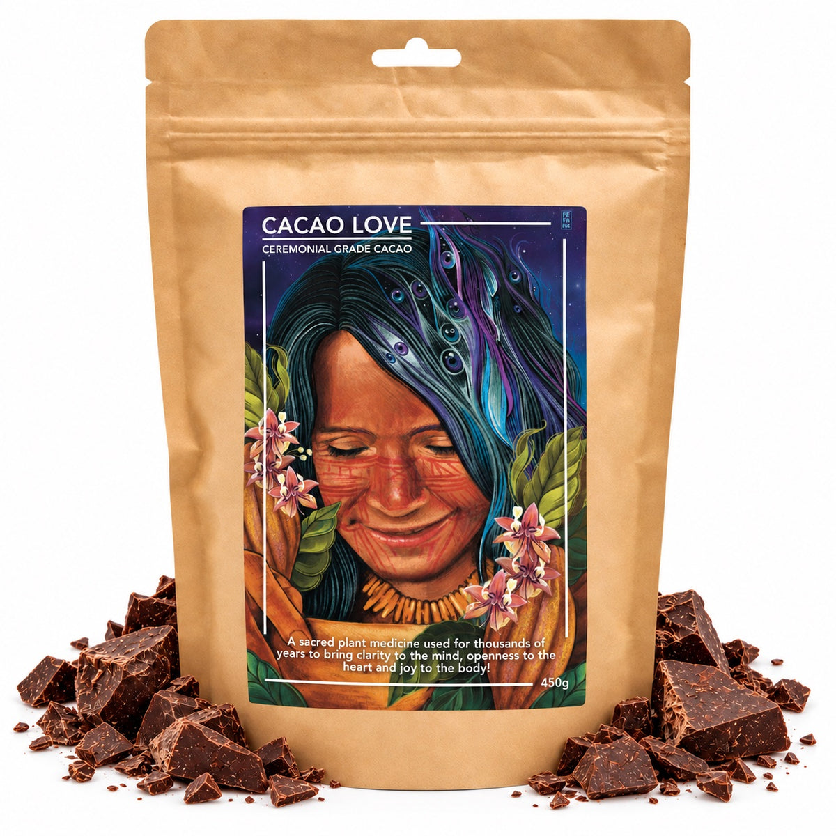 A bag of Cacao Love ceremonial grade cacao on a bed of cacao chunks [1 bag (450g); 1kg bag]
