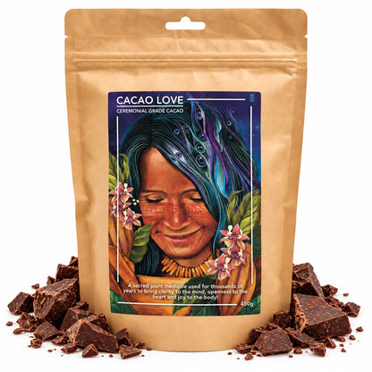 A bag of Cacao Love ceremonial grade cacao on a bed of cacao chunks [1 bag (450g); 1kg bag]