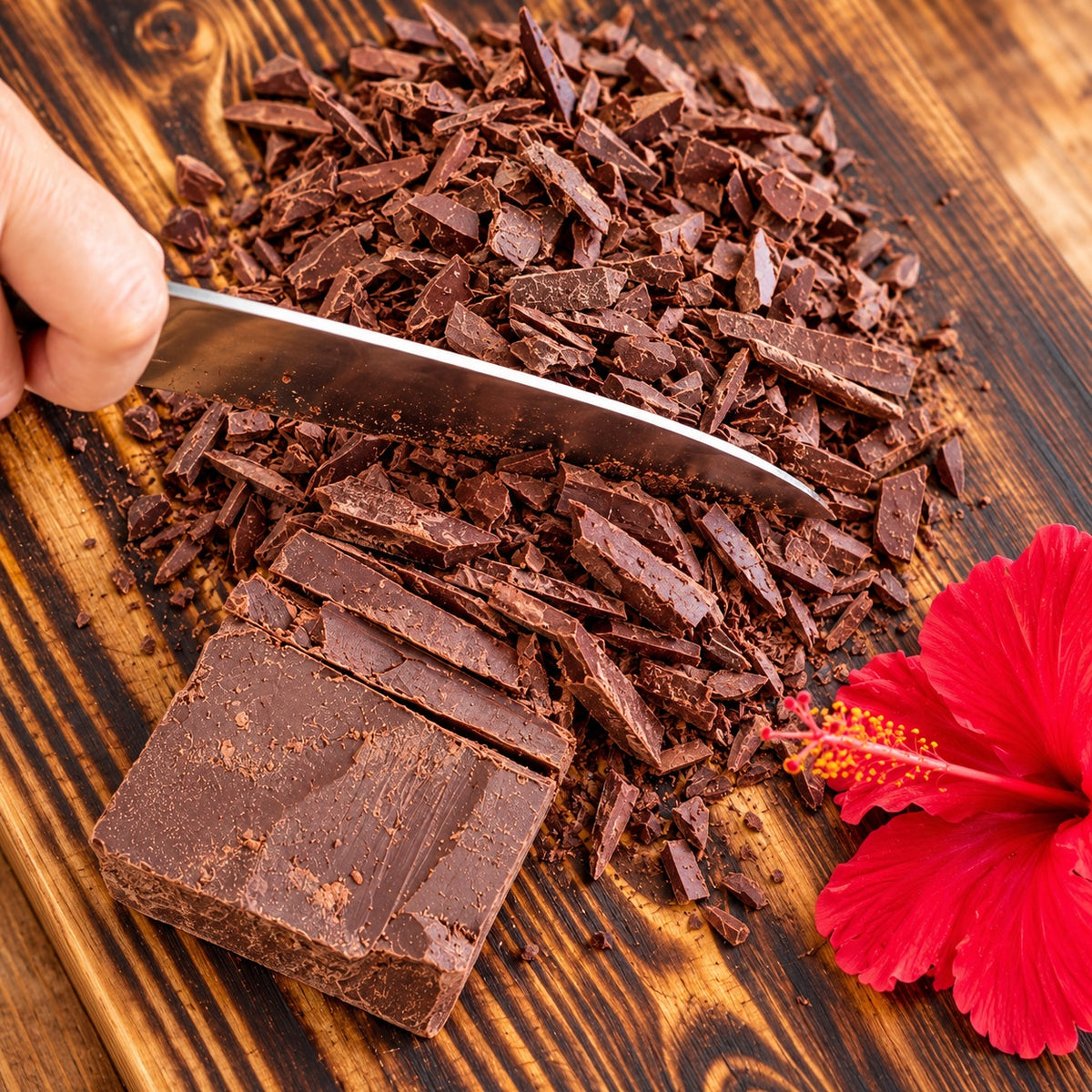 Cutting a block of ceremonial cacao into chunks [1 bag (450g); 1kg bag; 10 bags (450g); 30 bags (450g); 60 bags (450g); 5kg block; 25kg (in 5kg blocks); 75kg (in 5kg blocks)]