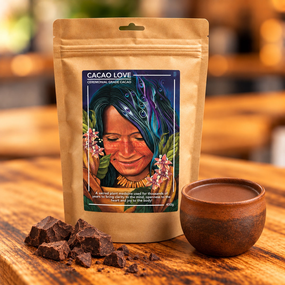A bag of Cacao Love beside a mug of prepared cacao [1 bag (450g); 1kg bag]
