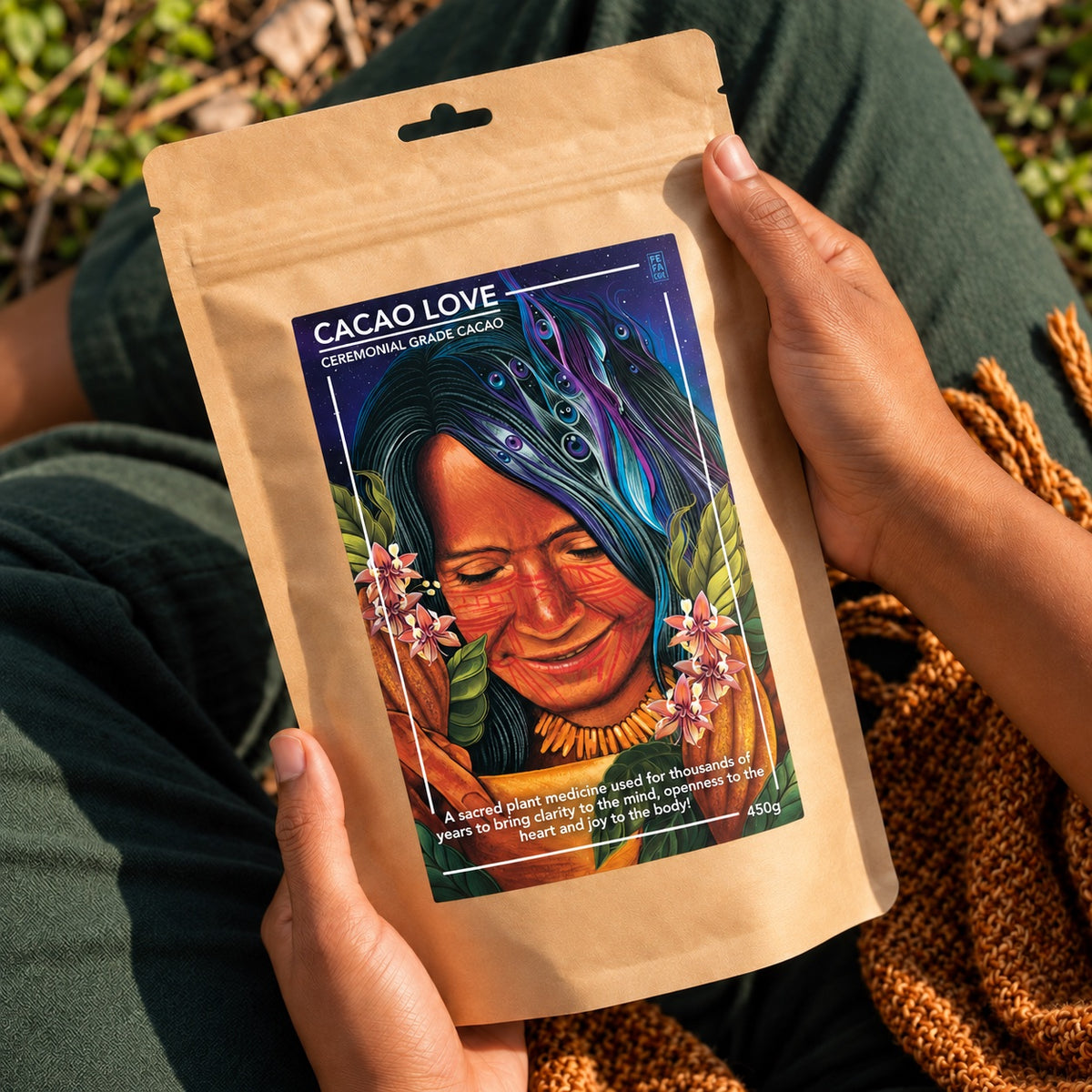 A bag of Cacao Love held in hand [1 bag (450g); 1kg bag; 10 bags (450g); 30 bags (450g); 60 bags (450g)]