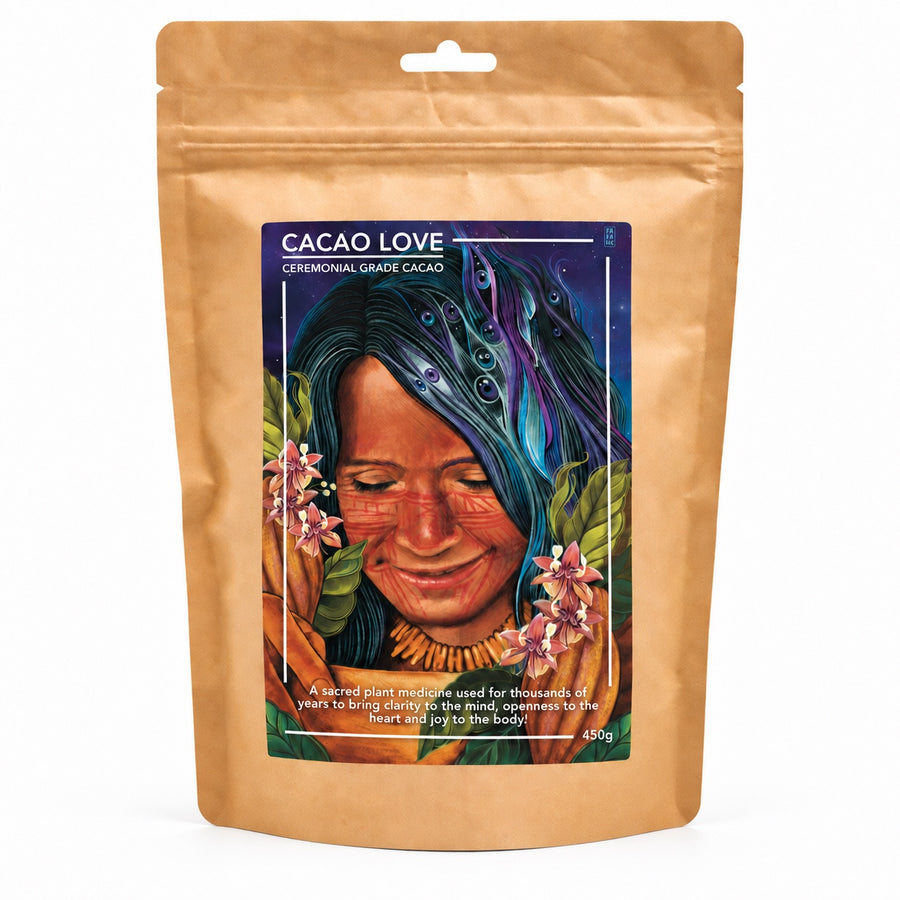 A 450g bag of Cacao Love ceremonial grade cacao