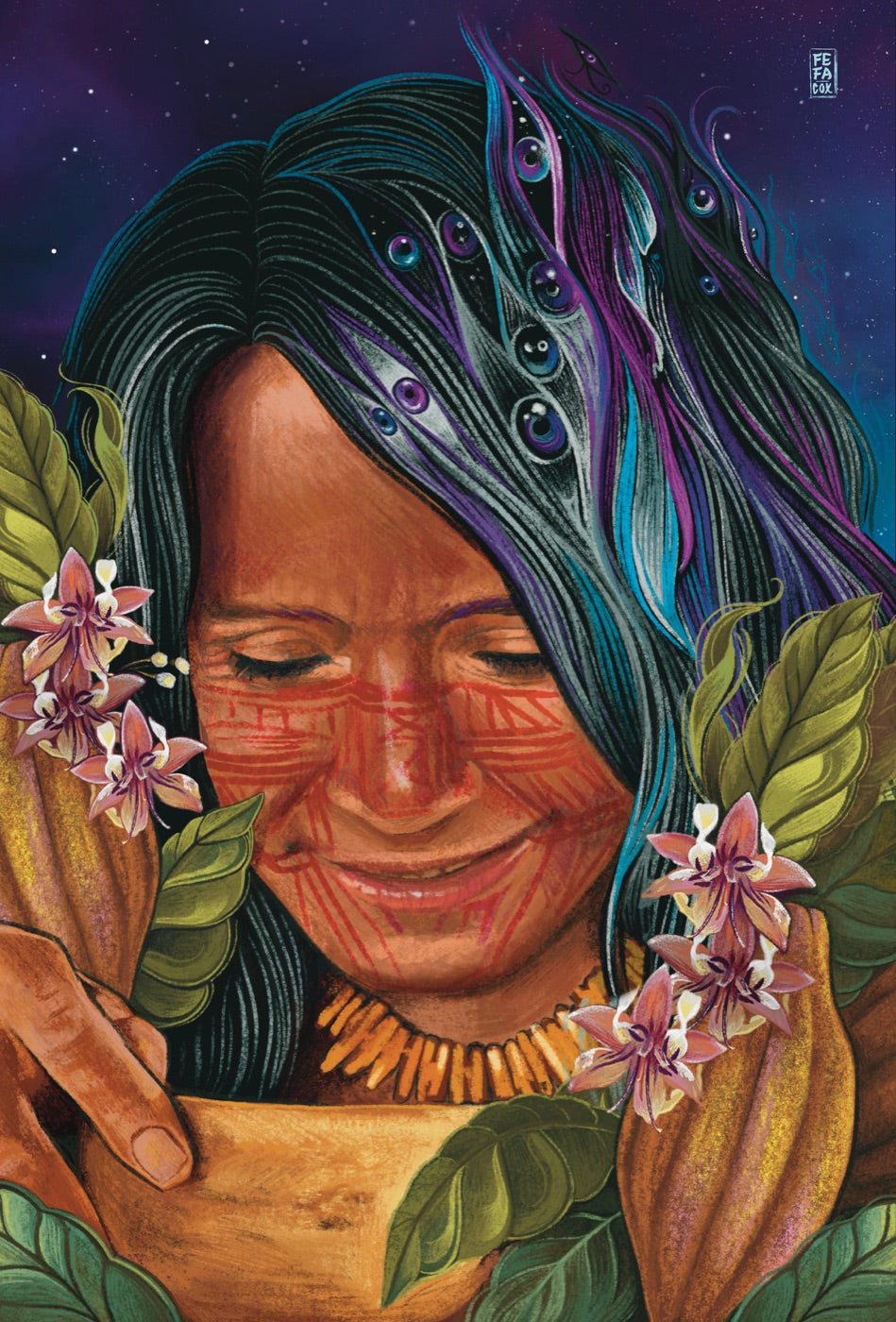 Illustration of an Indigenous woman smiling over a bowl of cacao, among cacao flowers and leaves